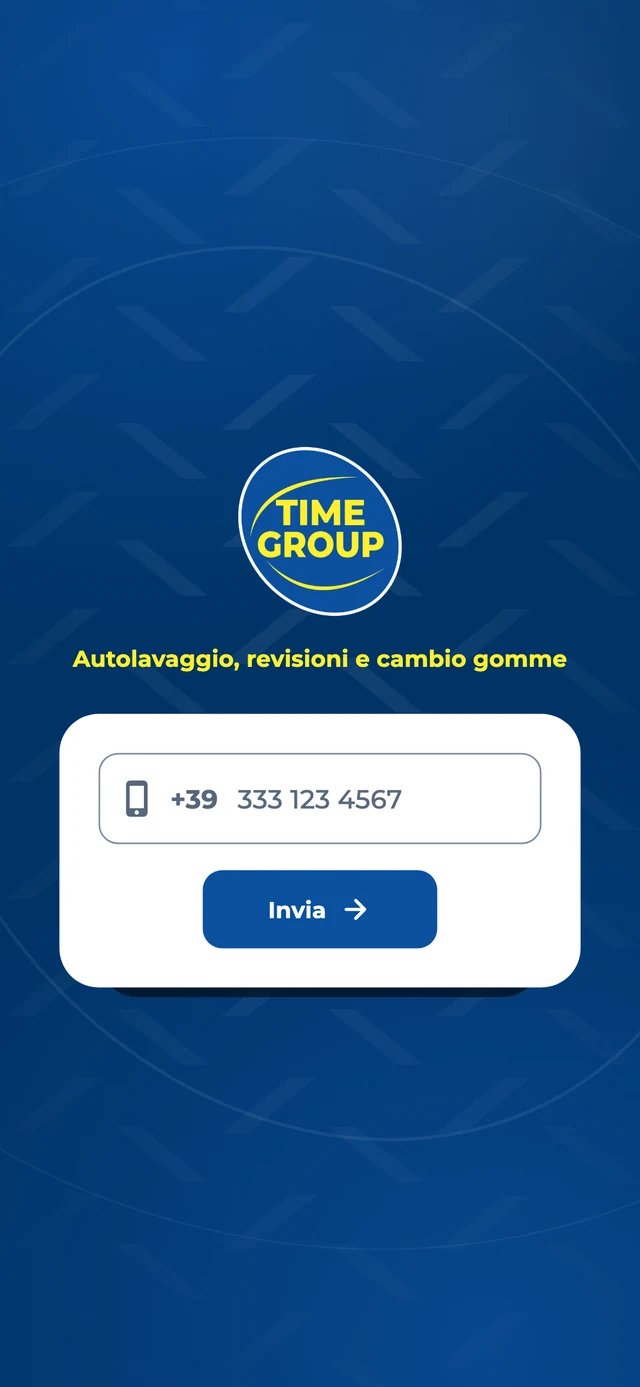 La schermata di accesso dell’app TIME GROUP: il logo, il campo per il numero di telefono e il pulsante Invia